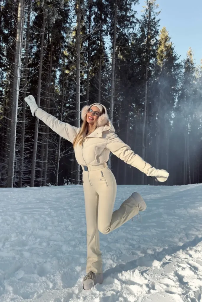 Cream One Piece Ski Suit With Flared Legs
