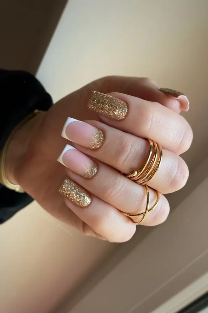 Gold Glitter New Year Nails With White French Tips