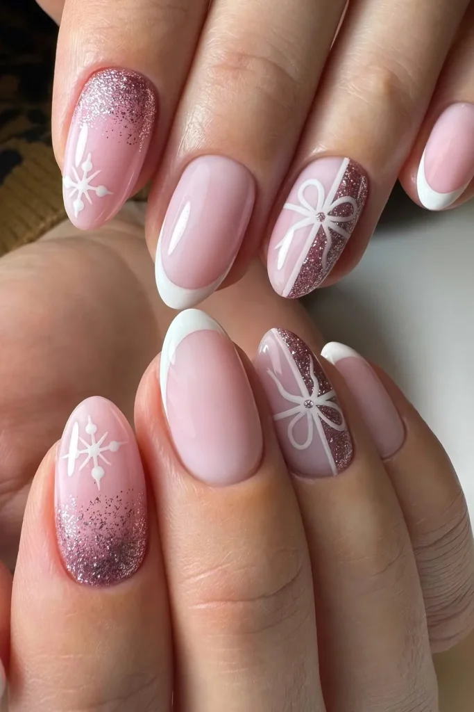 Pink and White Christmas Nails With a Gift Bow