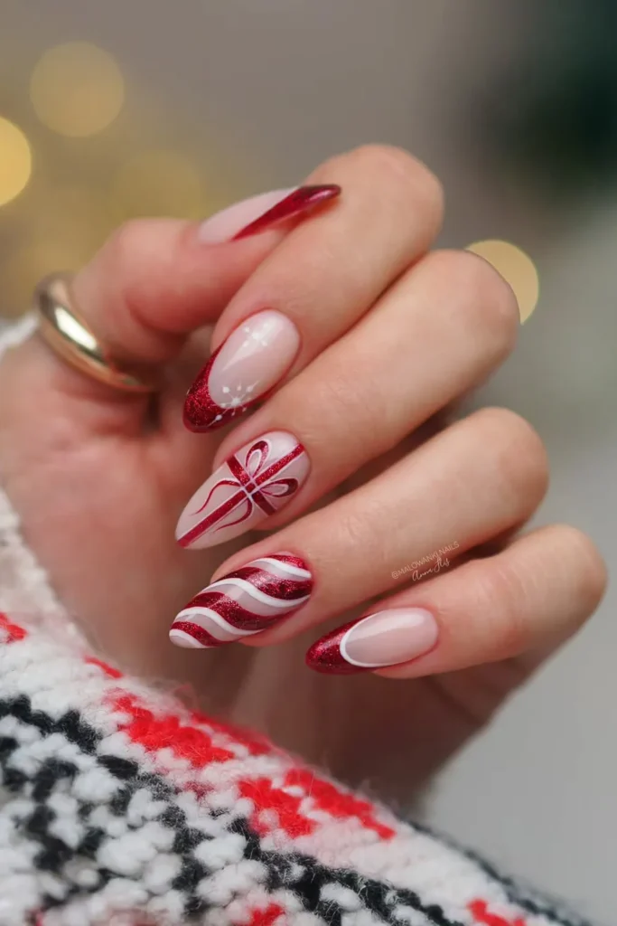 Red Glitter Christmas Nails Wrapped Like a Gift