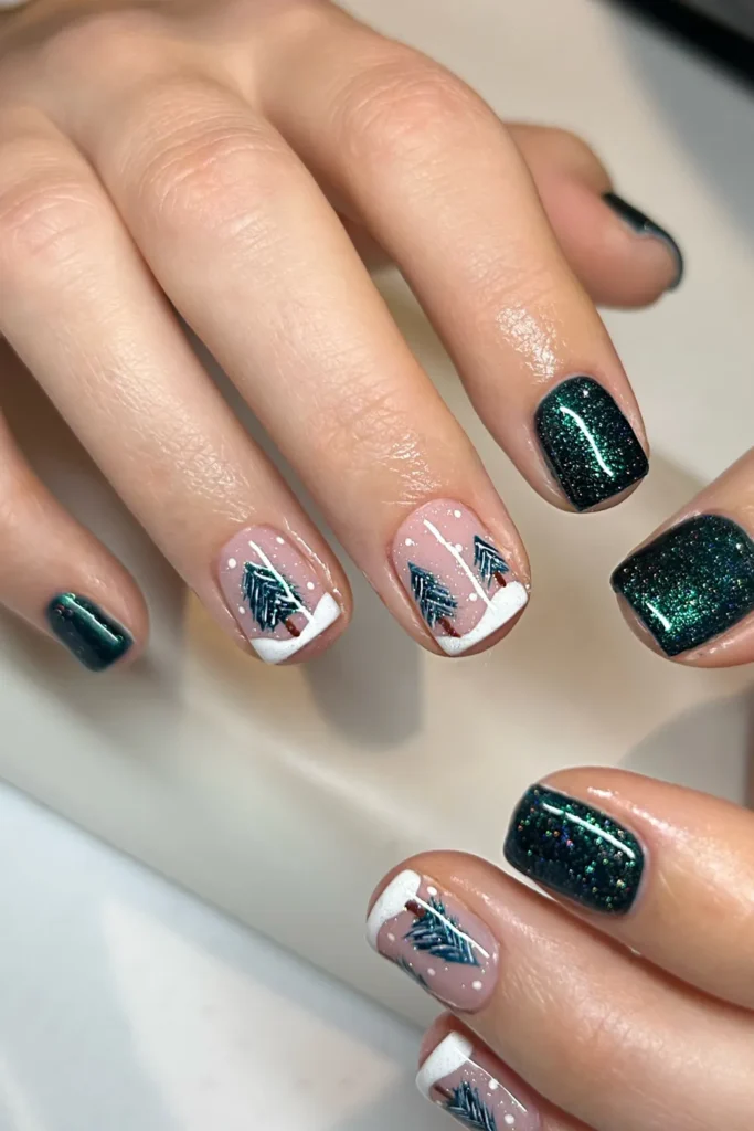 Short Green Christmas Nails With Snowy Pine Trees