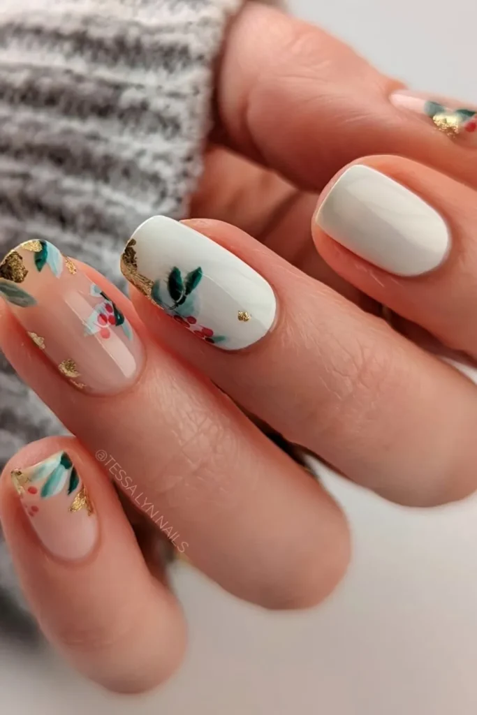 Watercolor Holly on Short Milky White Nails