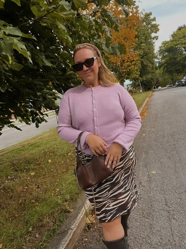 A Lilac Cardigan With a Zebra Print Skirt
