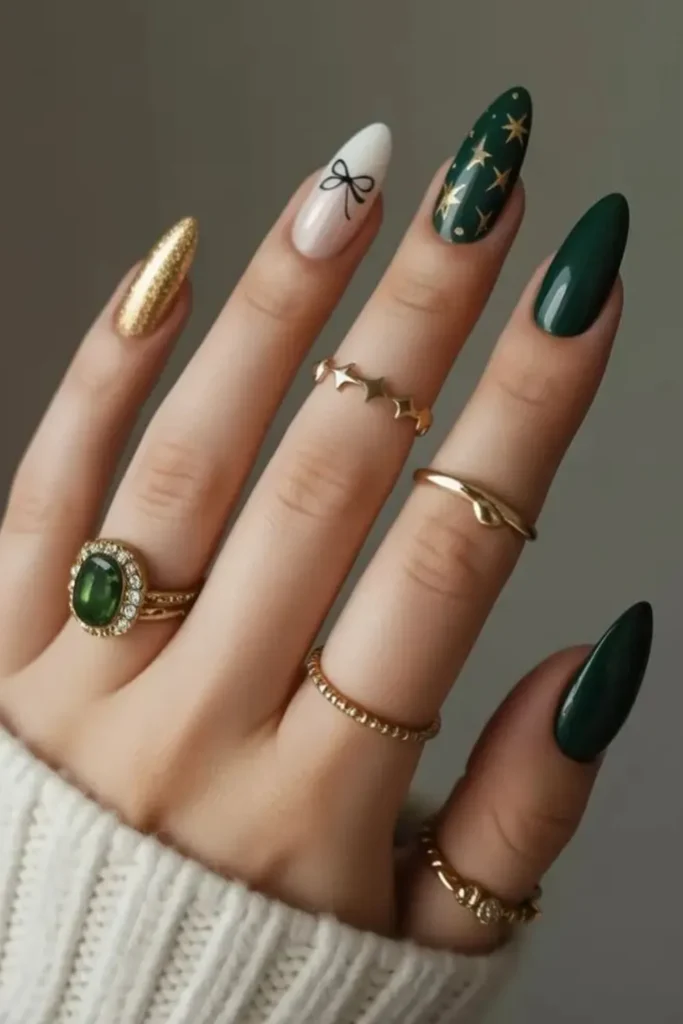 Green and Gold Christmas Nails With Starry Accents