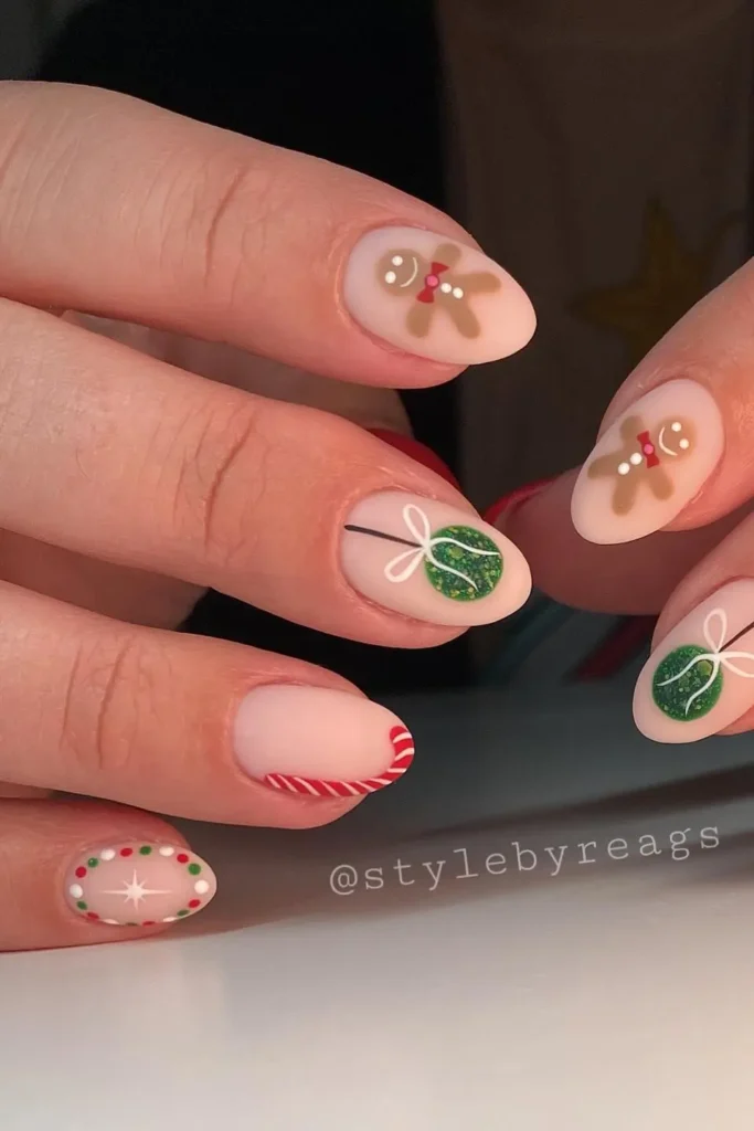 Matte Nude With Gingerbread, an Ornament, and a Candy Cane Tip