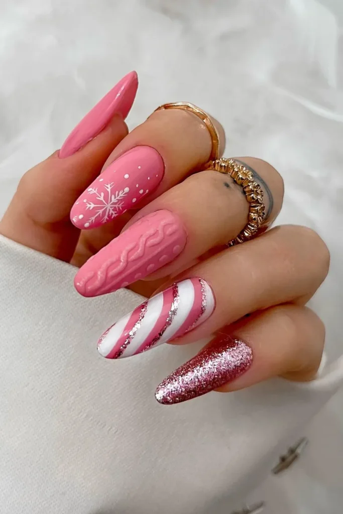 Pink and Silver Christmas Nails With a Sweater Knit