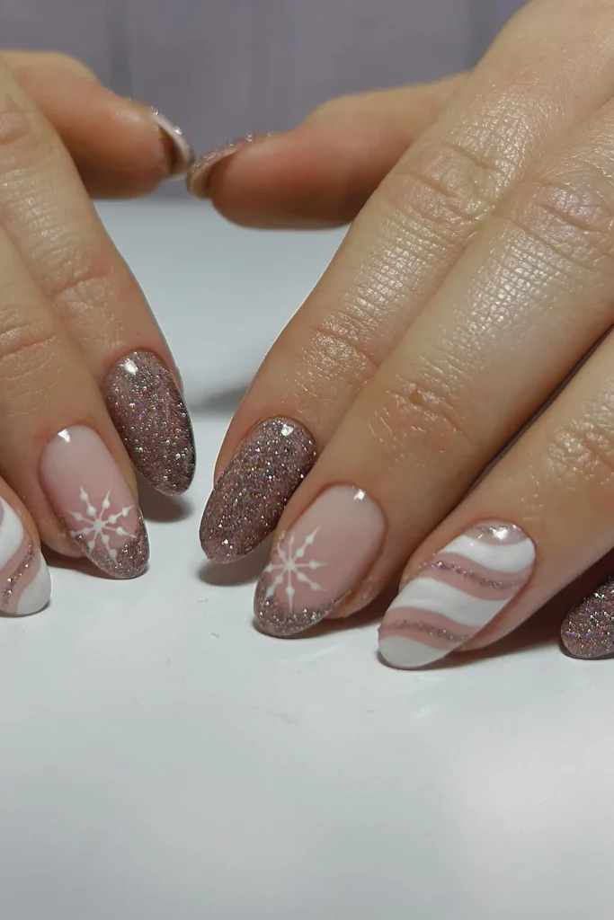 Rose Glitter, Snowflakes, and White Ribbon Waves