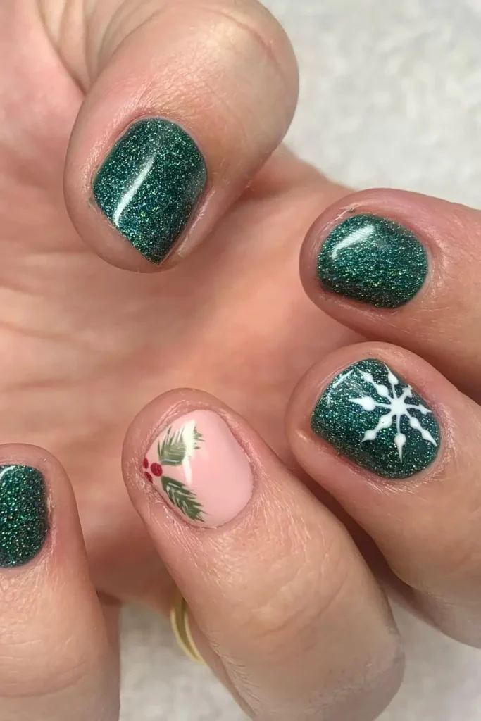 Short Christmas Nails in Green Glitter With One Snowflake