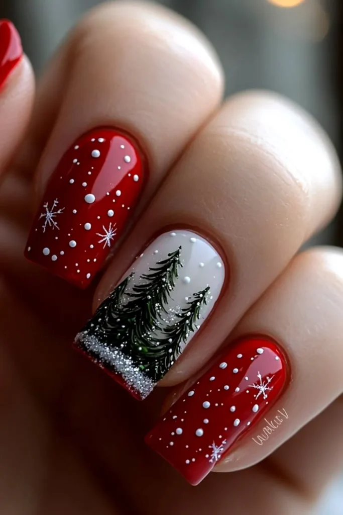 Snowy Red Nails With a Pine Tree Accent