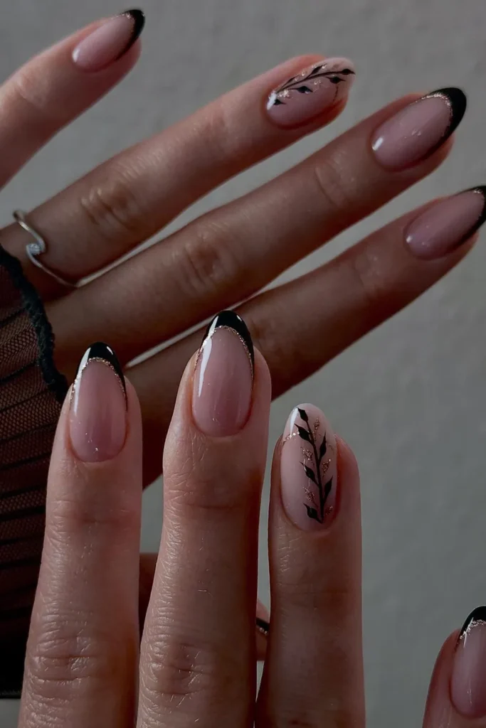 Black French Tips With Gold Glitter and Painted Vines