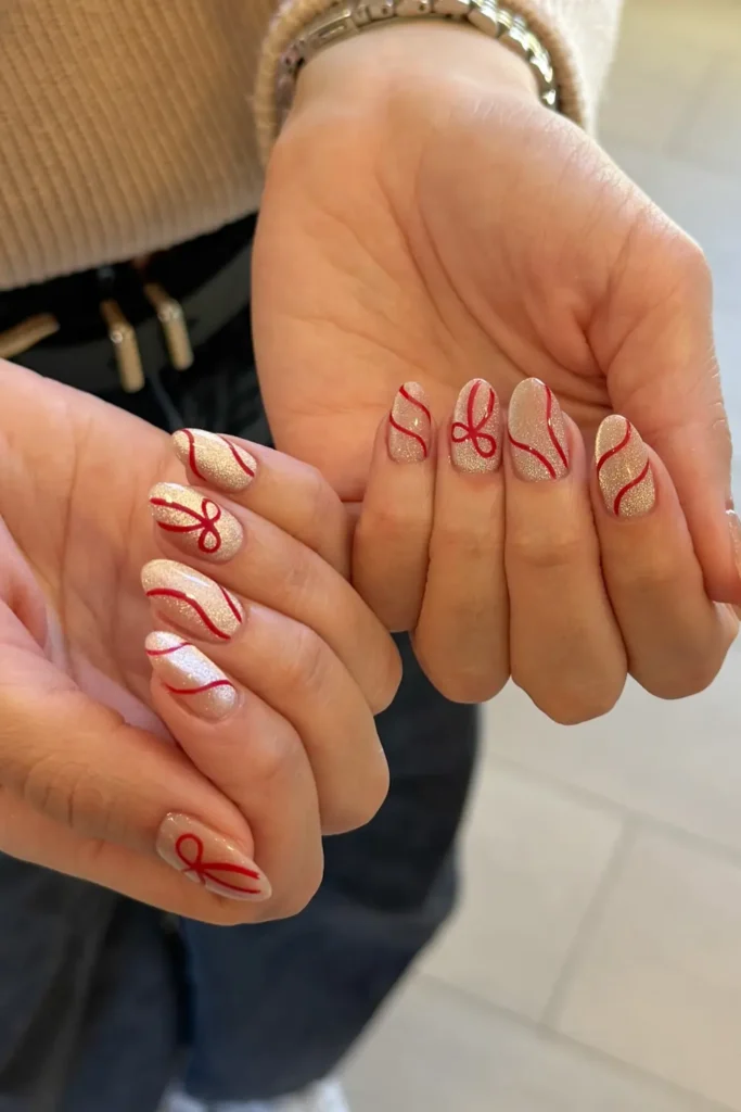 Champagne Shimmer With Red Ribbon Lines