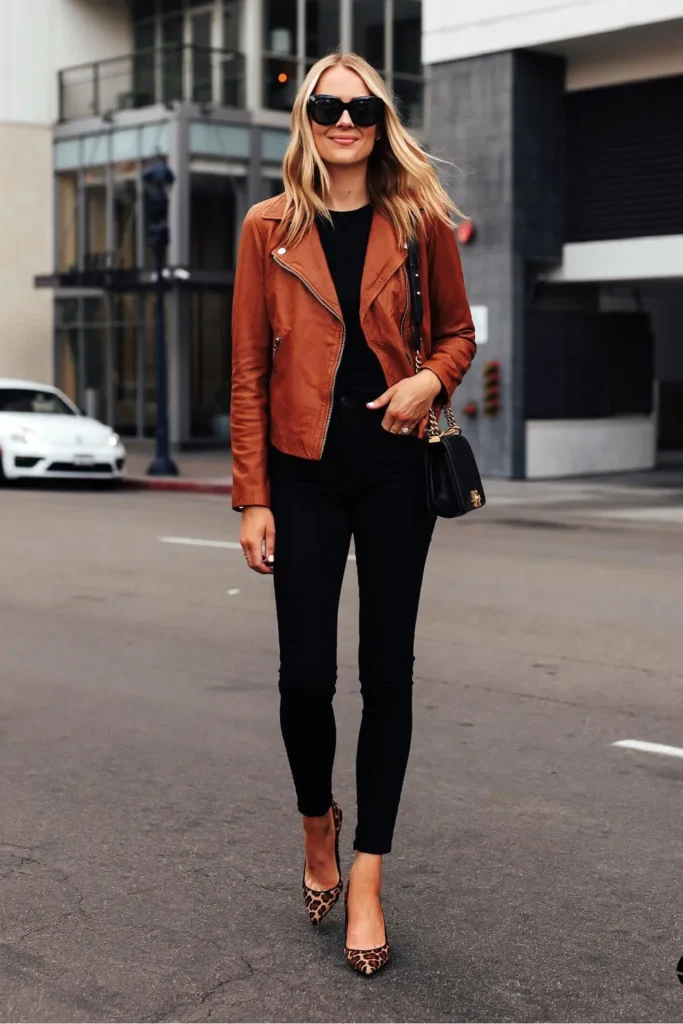 Cognac Leather Jacket and Leopard Pumps