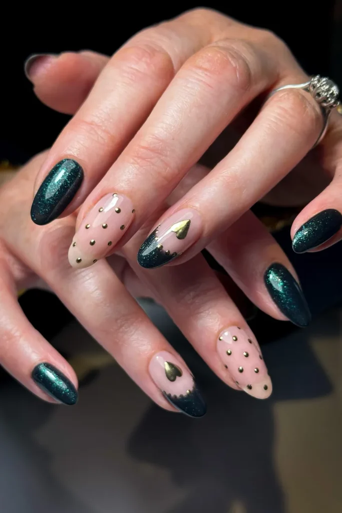 Emerald Sparkle Nails With Gold Studs and Hearts
