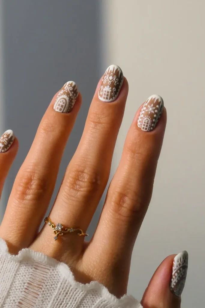 Gingerbread House Nails With White Icing Details