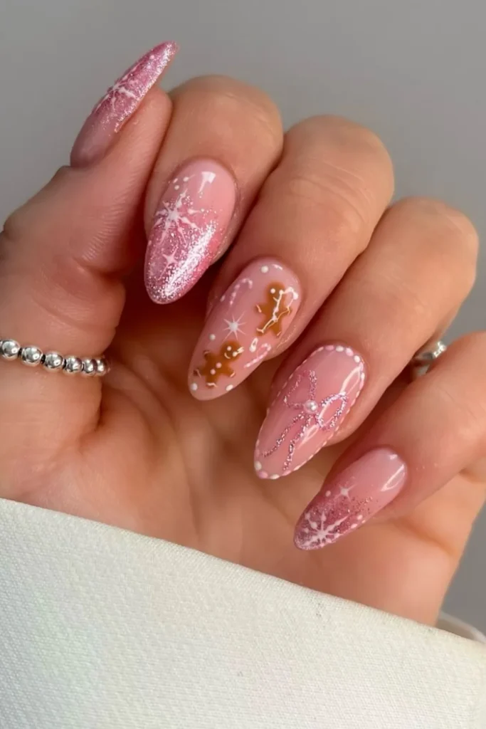 Gingerbread Men and Glitter Bows on Pink Almond Nails
