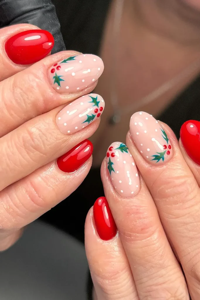Glossy Red and Polka Dot Snow With Holly