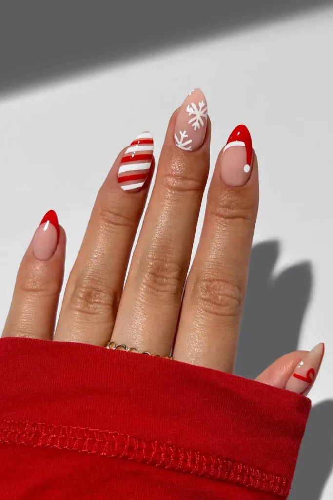 Red French, Candy Stripes, and a Santa Hat Accent