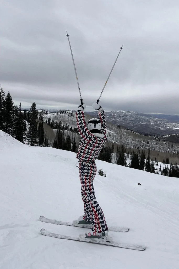 Red, Navy, and White Houndstooth Ski Suit