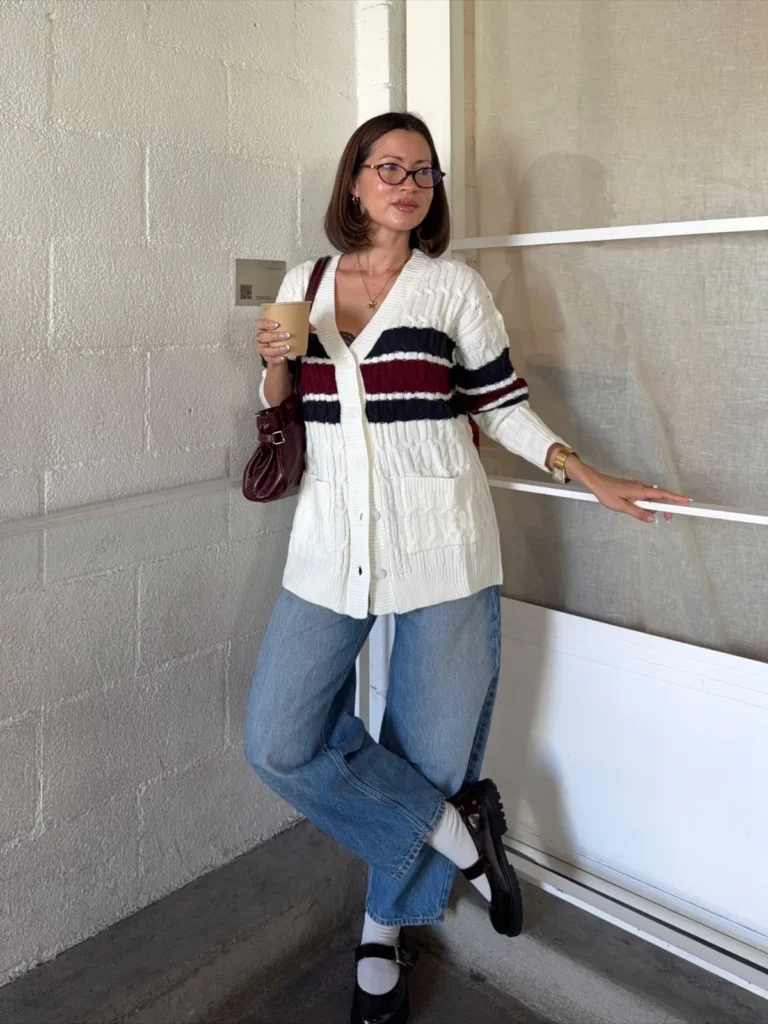 A Varsity Stripe Cable Cardigan With Mary Janes