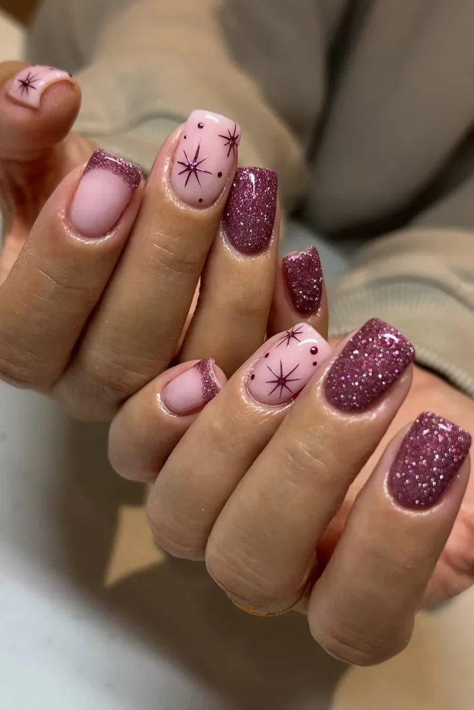 Berry Glitter Nails With Chrome Starbursts