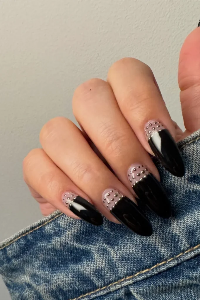 Black Nails With Silver Stud Cuticle Accents