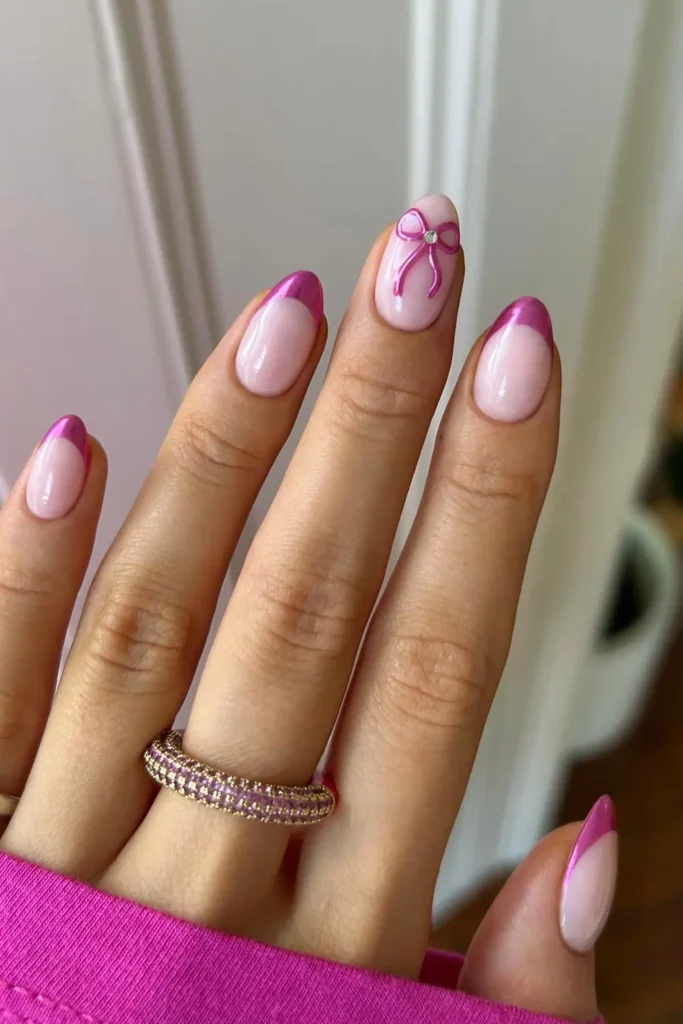 Hot Pink Chrome French With a Single Bow
