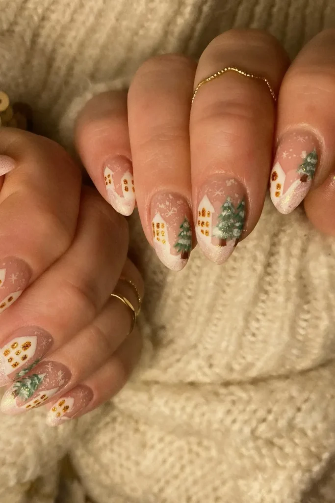 A Snowy Village Scene on Almond Nails