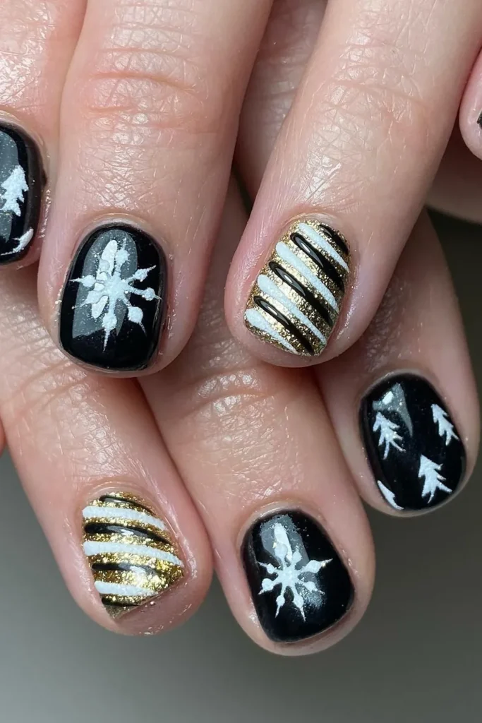 Black and White Christmas Nails With Snowy Trees and Gold Stripes