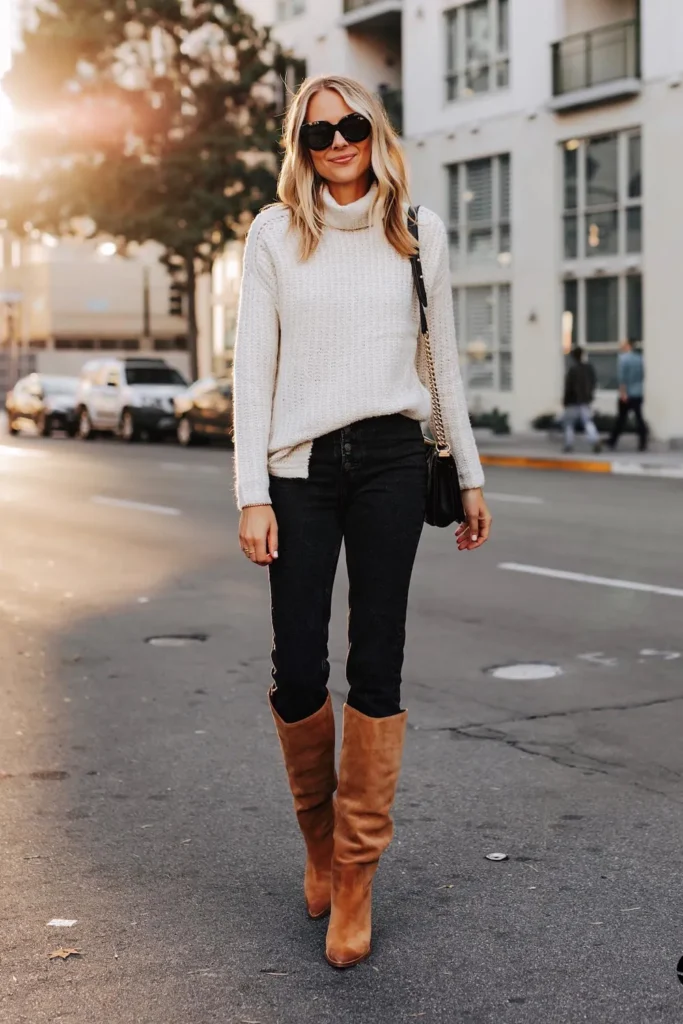 Cream Turtleneck, Black Jeans, and Tan Suede Boots