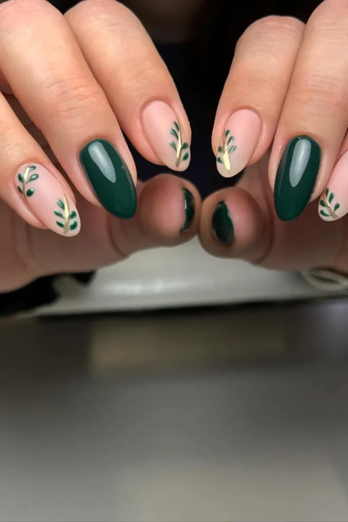 Forest Green Nails With Gold Stem Leaf Accents
