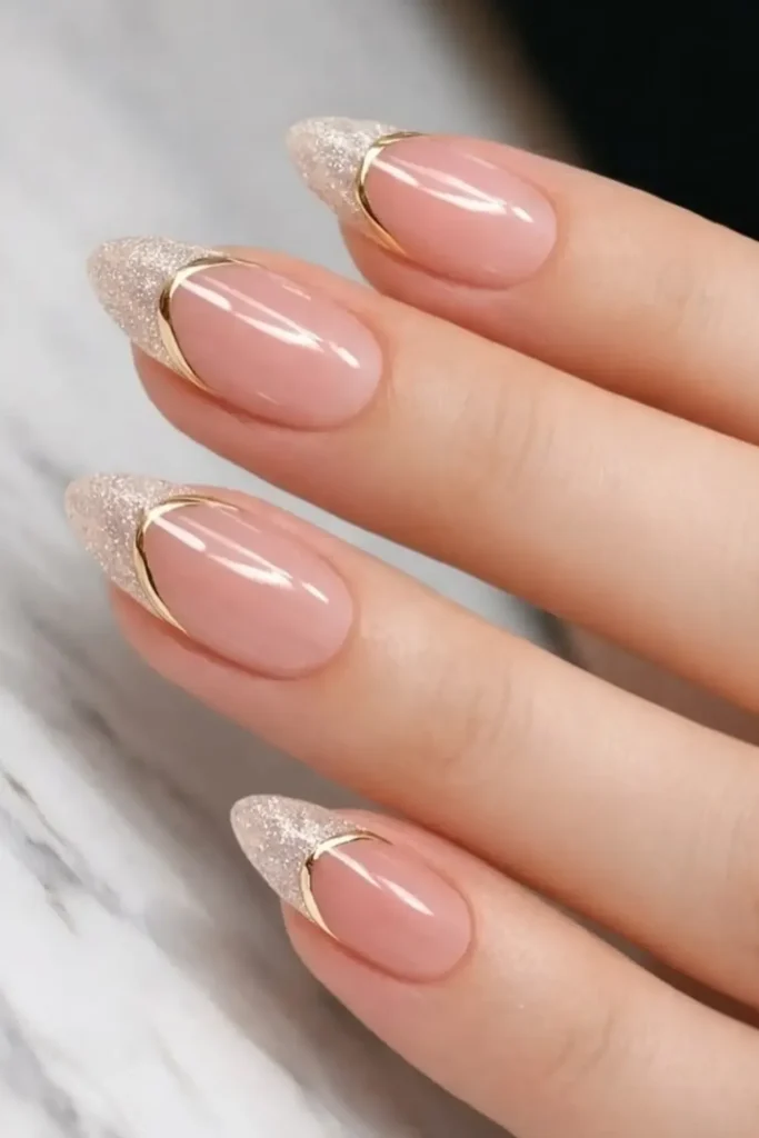 Glitter Tips With a Gold Crescent