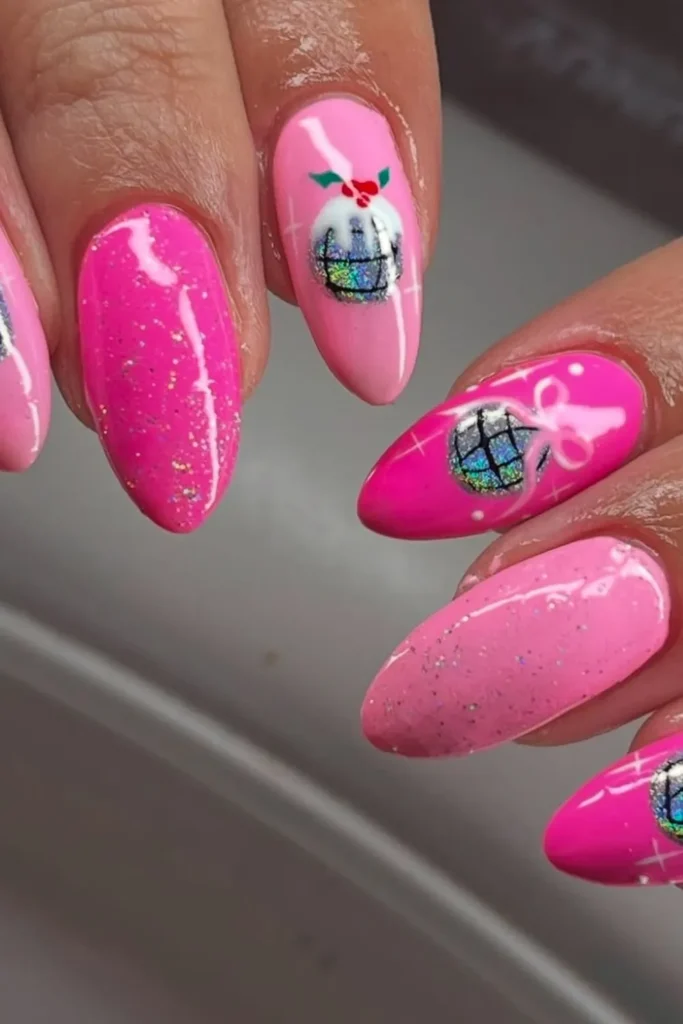 Hot Pink Christmas Nails With Disco Ball Ornaments