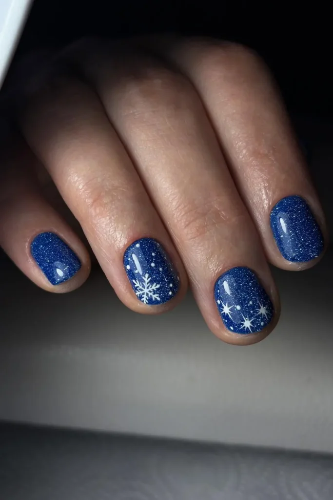 Midnight Blue Glitter With White Snowflakes
