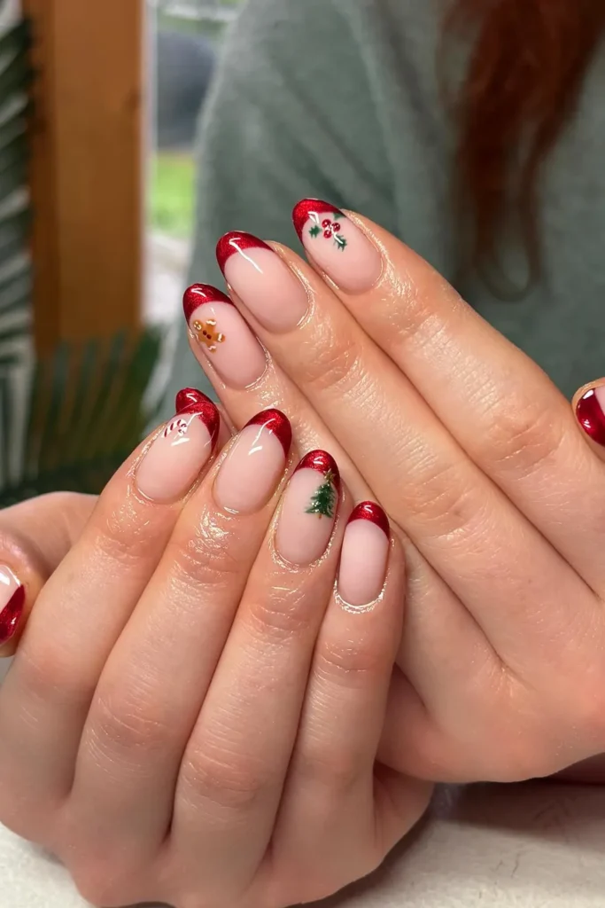 Red French Tip Christmas Nails With Tiny Holiday Icons