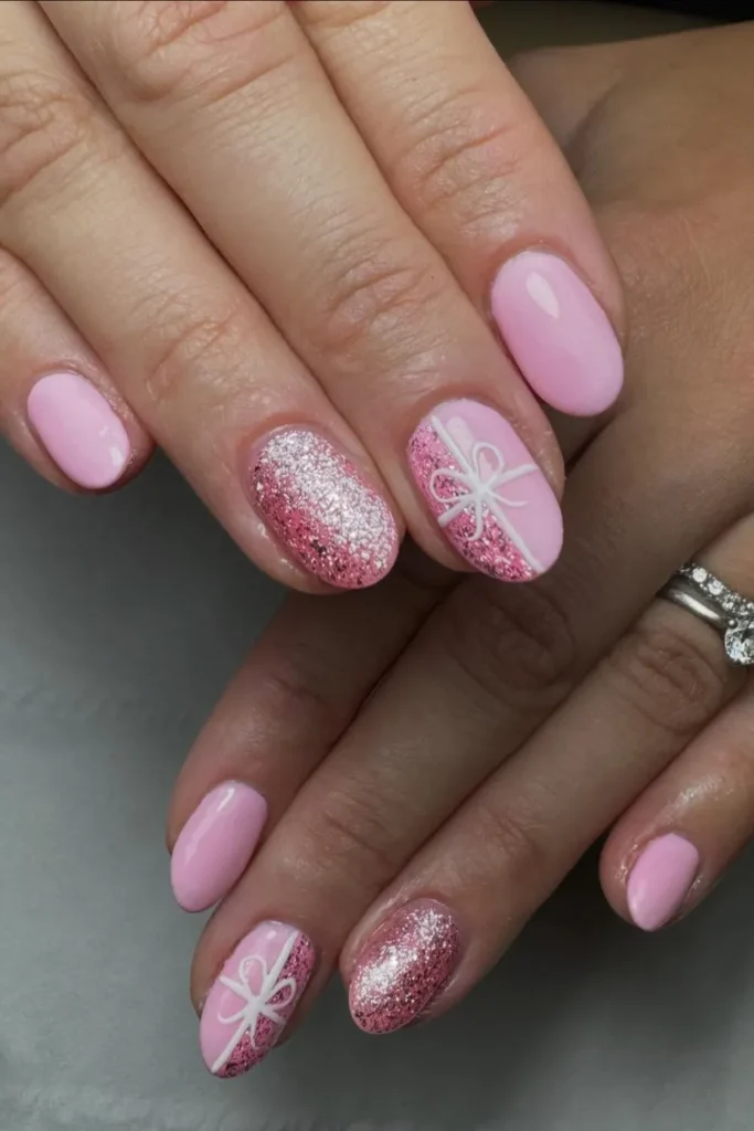 Baby Pink Nails With Glitter Gift Wrap