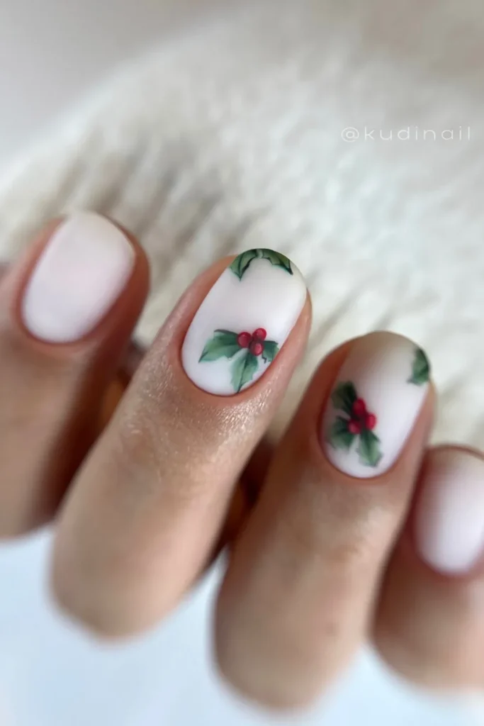 Matte Milky White Nails With Hand Painted Holly