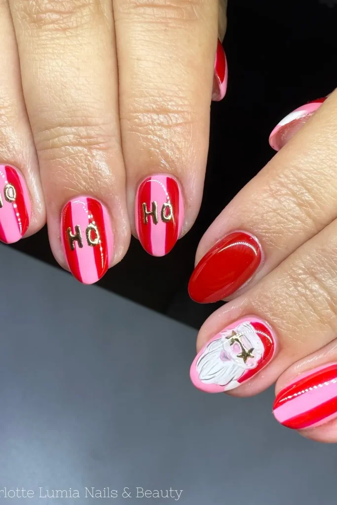 Pink and Red Stripes With a Gold “HO HO HO”