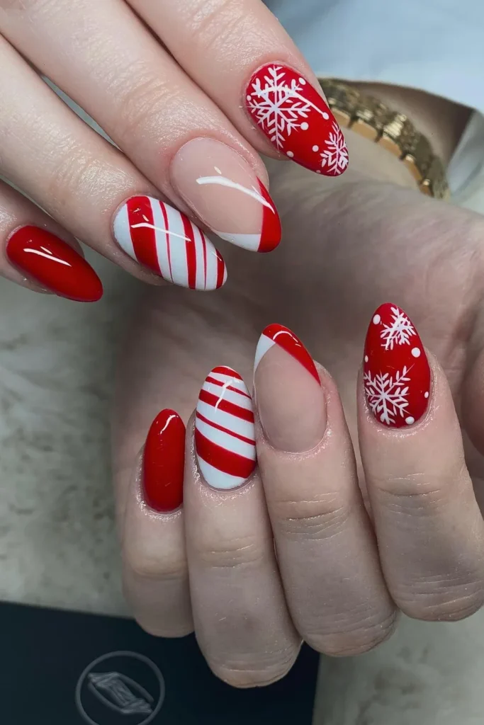 Red and White Christmas Nails With Candy Cane Stripes