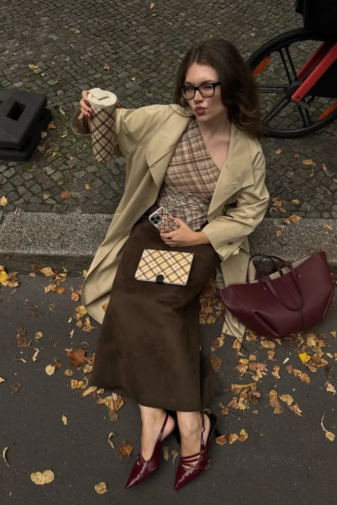 Trench Coat, Plaid Wrap Top, and Brown Suede Skirt