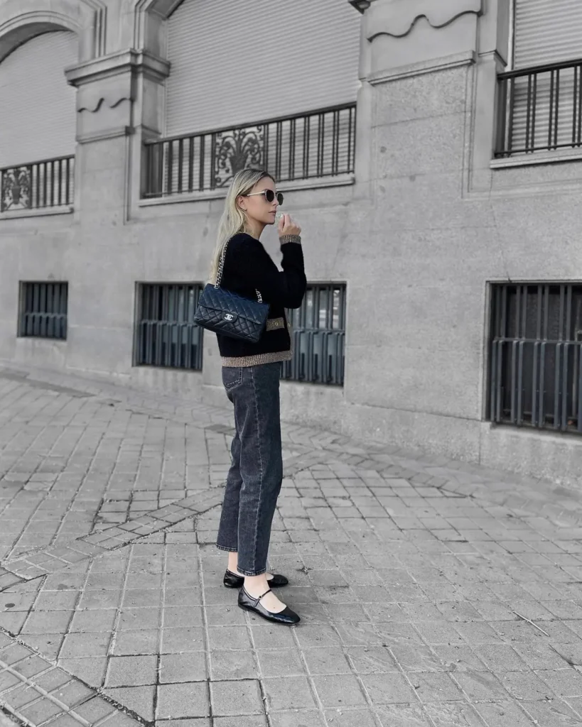 Trimmed Cardigan Jacket, Washed Black Jeans, and Mary Janes