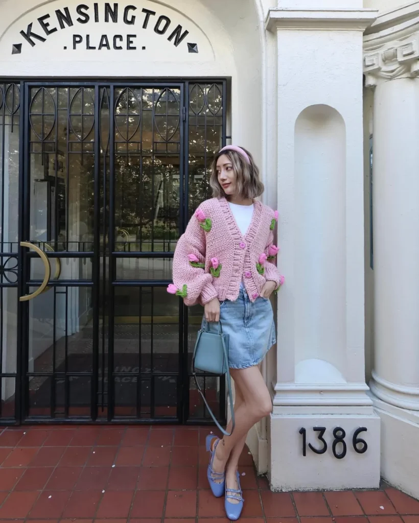 A Tulip Cardigan, a Denim Skirt, and Blue Mary Janes