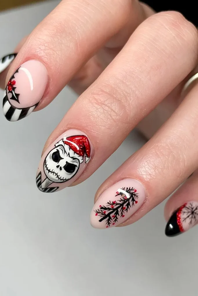 Black and Red Christmas Nails With a Spooky Santa