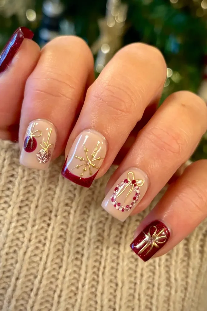 Burgundy and Gold Ornaments, Wreath, and Gift