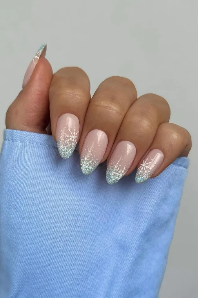 Frosted Glitter French With Hand Painted Snowflakes