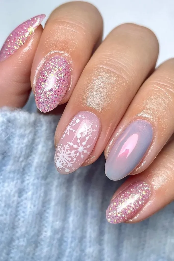 Pink Aurora Chrome and Holographic Glitter Nails