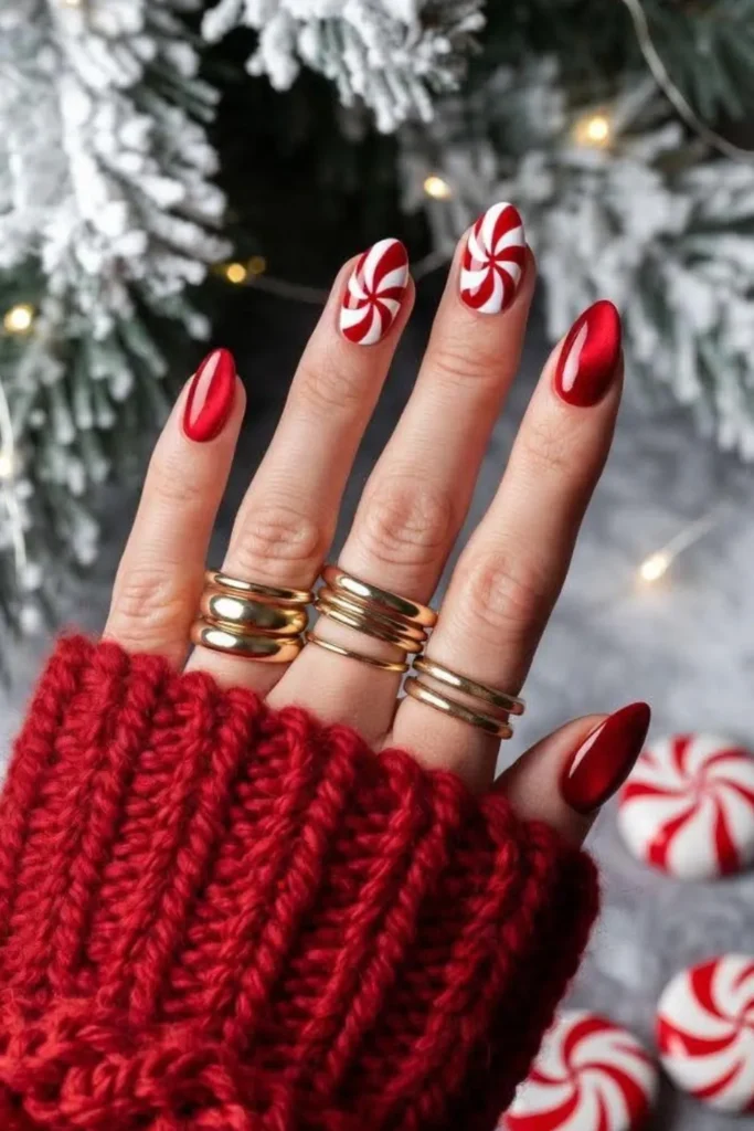 Peppermint Swirl Nails With Velvet Red