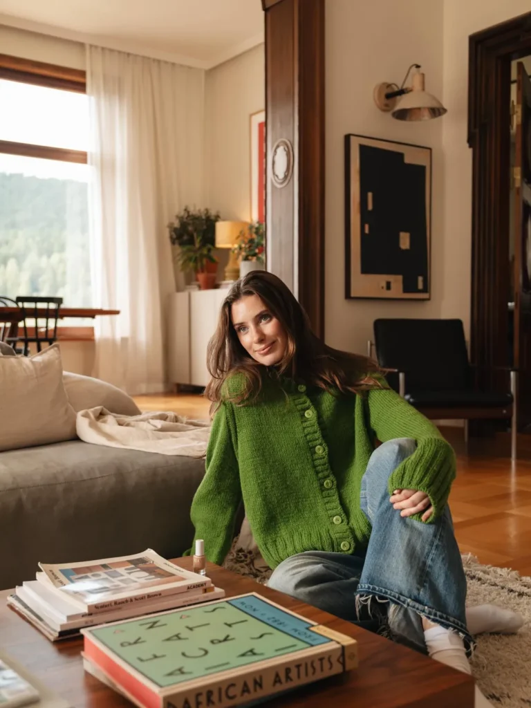 A Bright Green Cardigan Worn as a Sweater