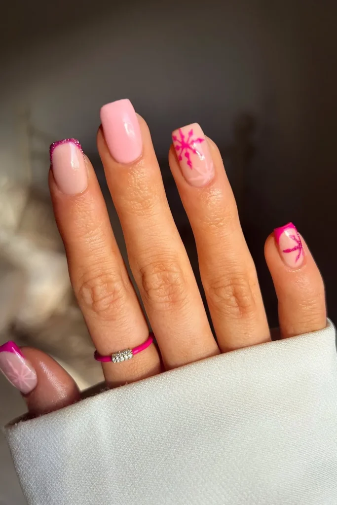 Hot Pink Snowflakes and Glitter Tips on Short Square Nails