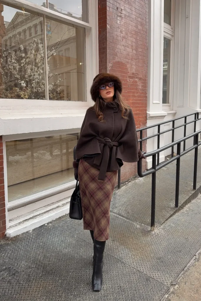 Brown Cape Coat and a Plaid Midi Skirt