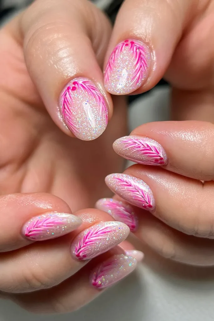 Hot Pink Pine Branches on Holographic Glitter